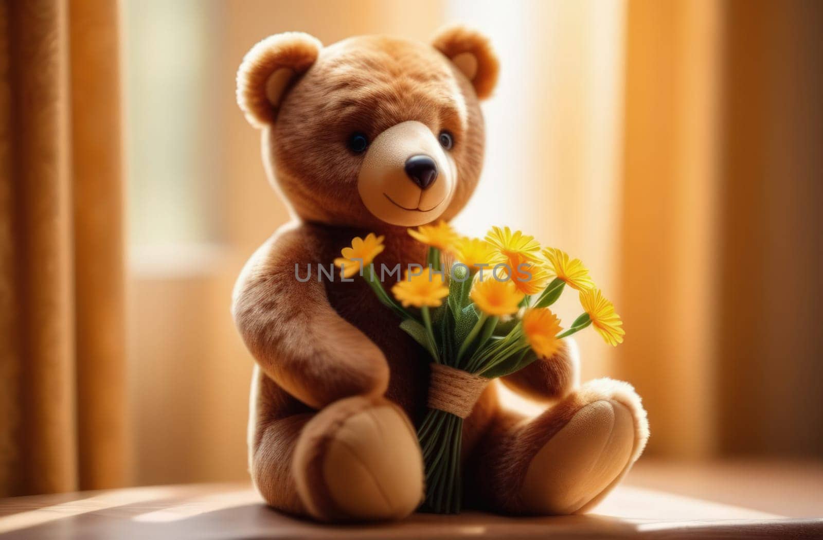 Teddy bear is holding bouquet of flowers isolated on pastel background. Concept of birthday and warmth, affection as teddy bear is symbol of love and comfort. Flowers add touch of beauty, color