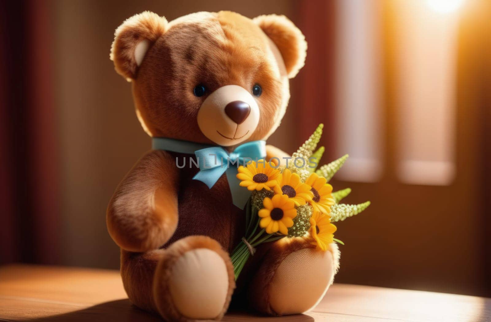 Teddy bear is holding bouquet of flowers isolated on pastel background. Concept of birthday and warmth, affection as teddy bear is symbol of love and comfort. Flowers add touch of beauty, color