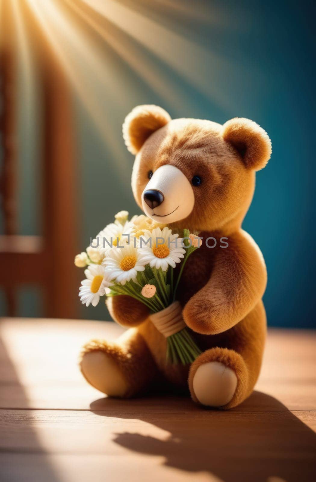 Teddy bear is holding bouquet of flowers isolated on pastel background. Concept of birthday and warmth, affection as teddy bear is symbol of love and comfort. Flowers add touch of beauty, color