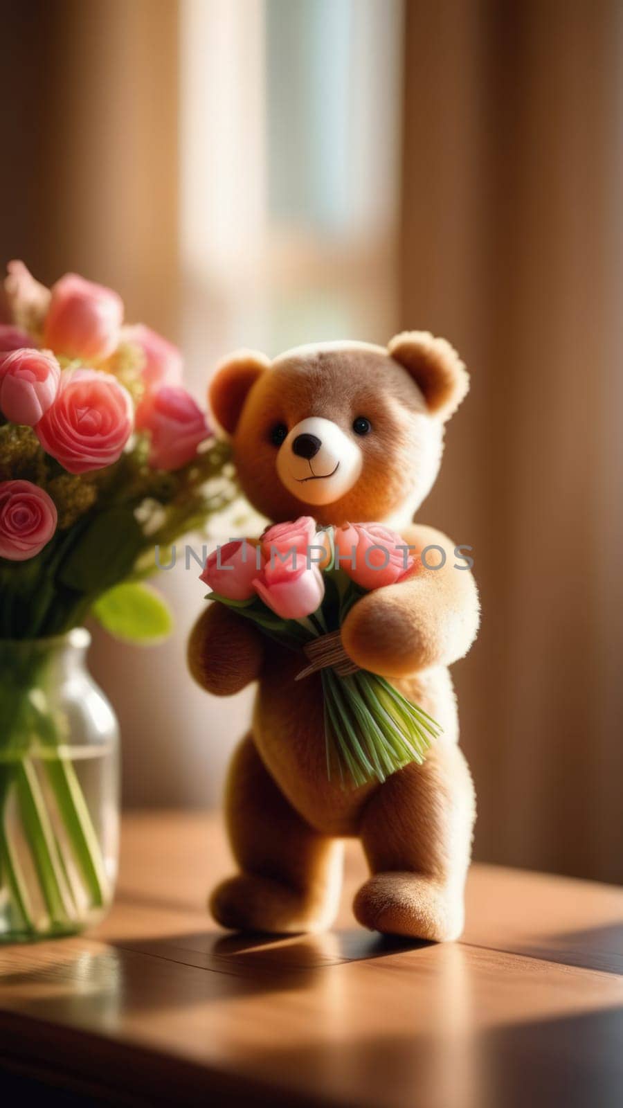 Teddy bear is holding bouquet of flowers isolated on pastel background. Concept of birthday and warmth, affection as teddy bear is symbol of love and comfort. Flowers add touch of beauty, color