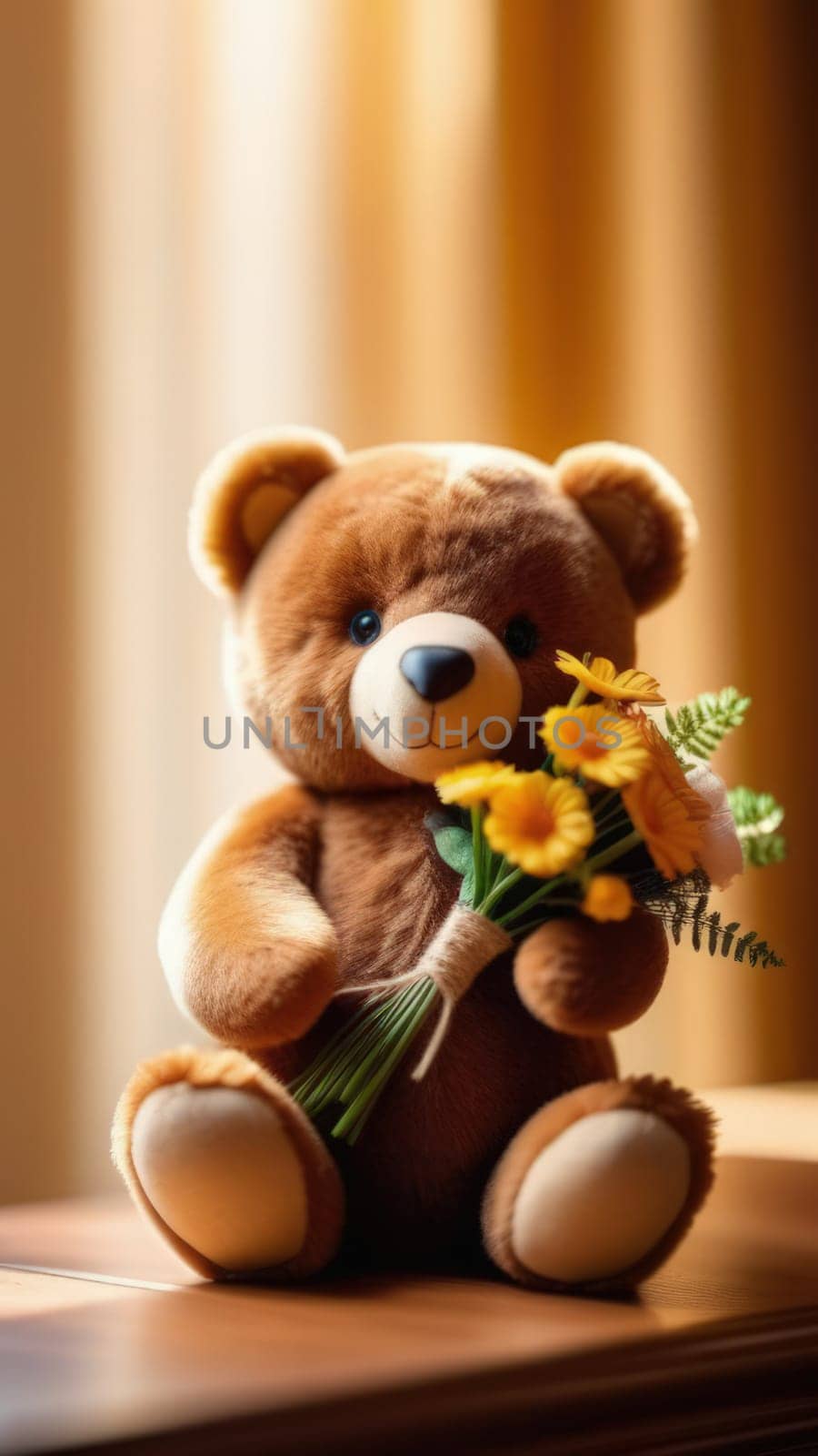 Teddy bear is holding bouquet of flowers isolated on pastel background. Concept of birthday and warmth, affection as teddy bear is symbol of love and comfort. Flowers add touch of beauty, color