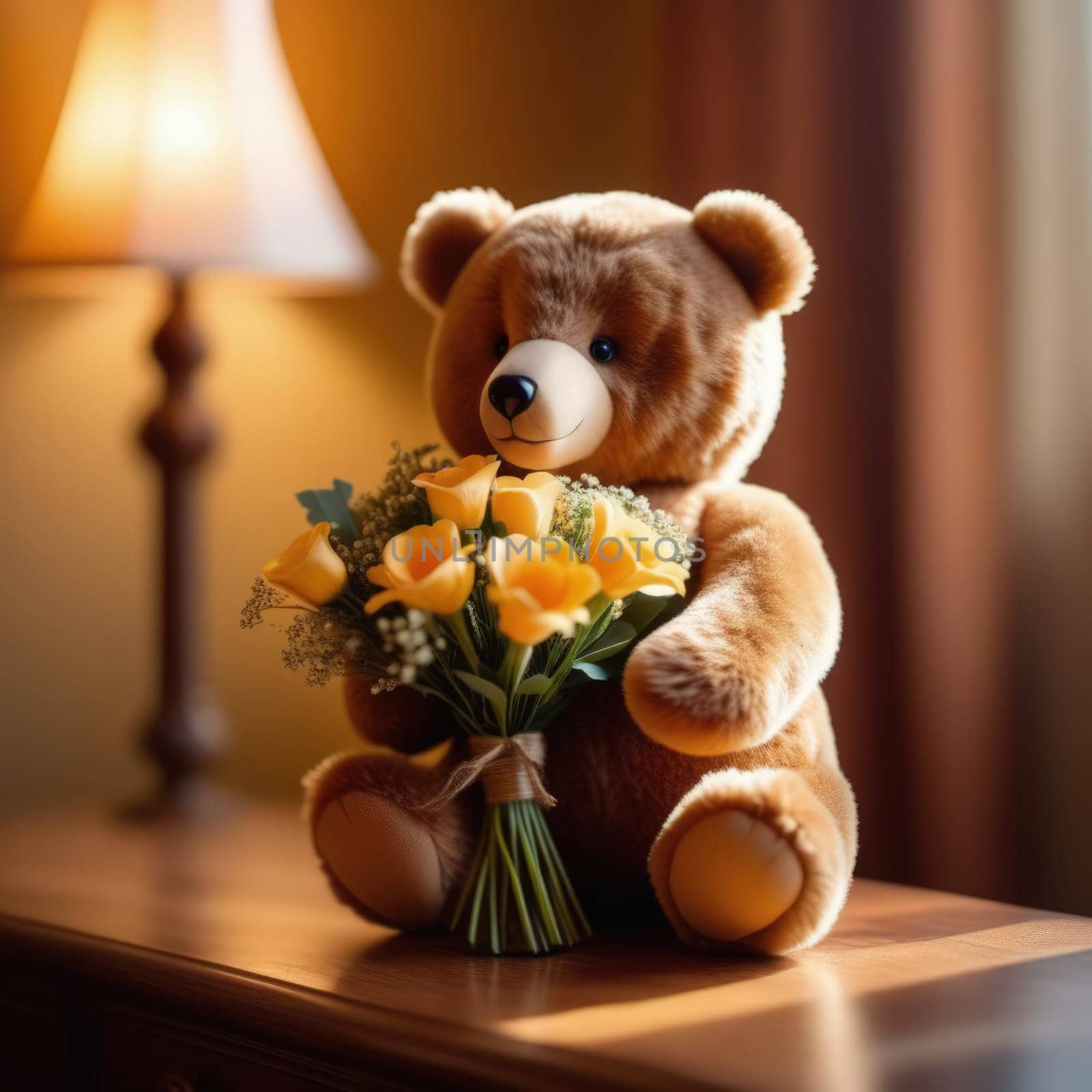 Teddy bear is holding bouquet of flowers isolated on pastel background. Concept of birthday and warmth, affection as teddy bear is symbol of love and comfort. Flowers add touch of beauty, color