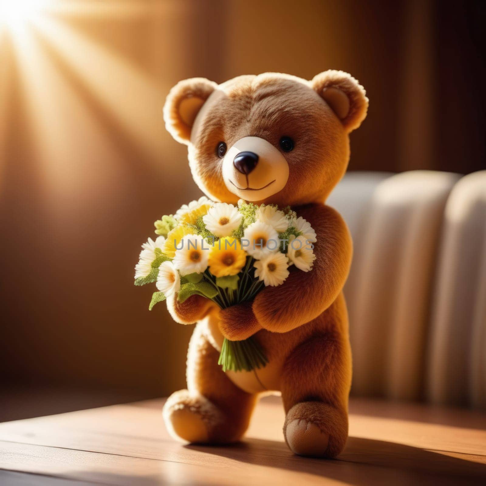 Teddy bear is holding bouquet of flowers isolated on pastel background. Concept of birthday and warmth, affection as teddy bear is symbol of love and comfort. Flowers add touch of beauty, color