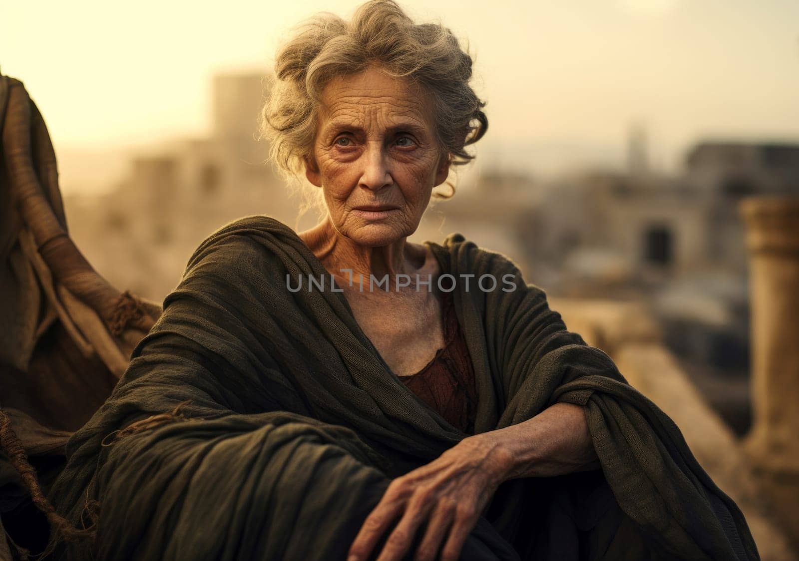 Greek old woman ancient city. Generate Ai by ylivdesign