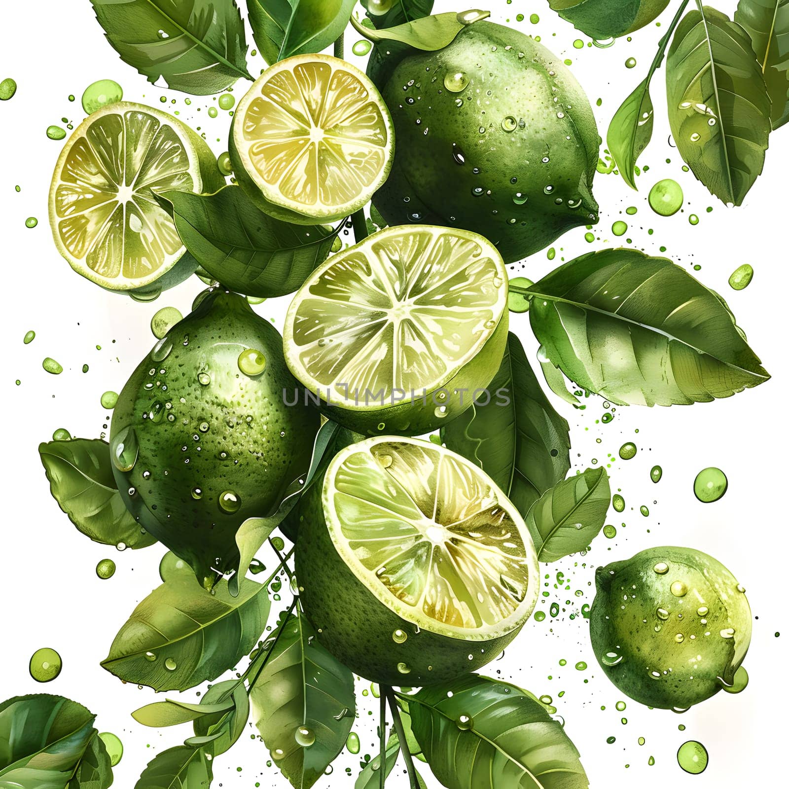 a bunch of green lemons with leaves on a white background by Nadtochiy