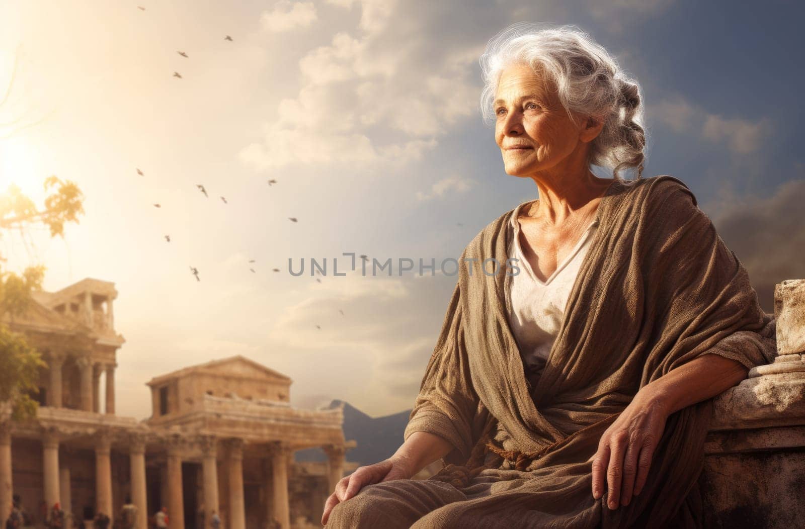 Historical Greek old woman ancient city. Generate Ai by ylivdesign