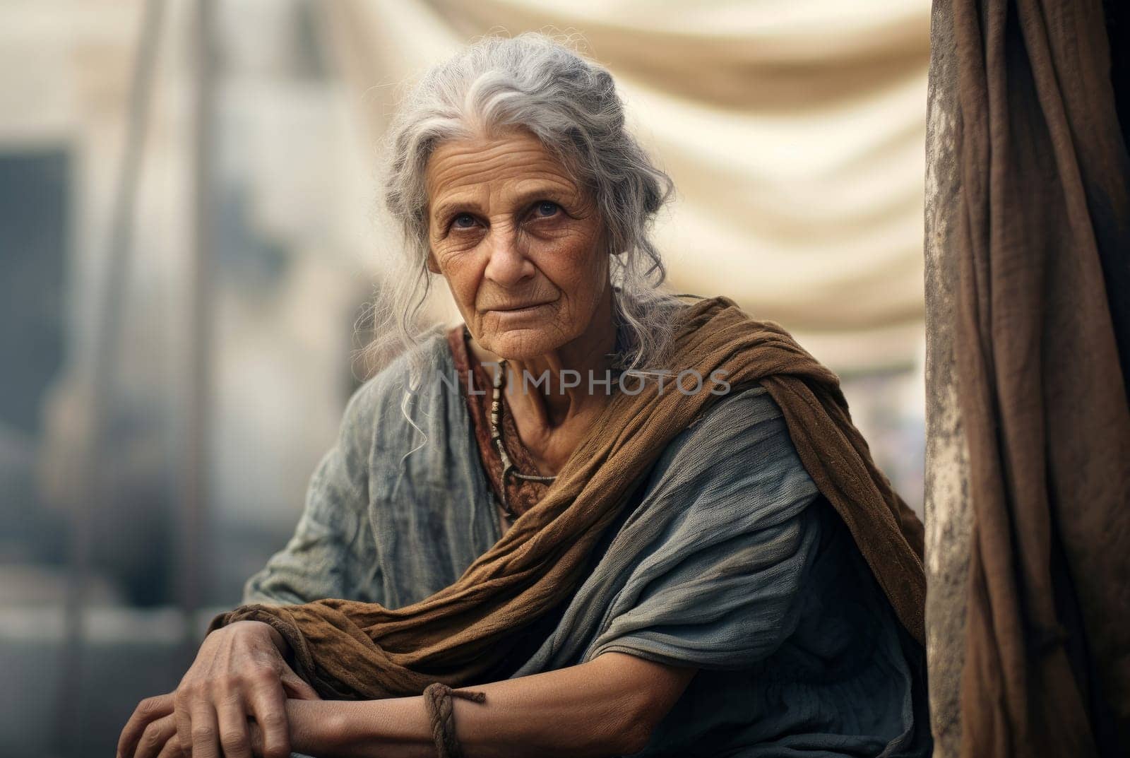 Mystical Greek old woman ancient city. Generate Ai by ylivdesign