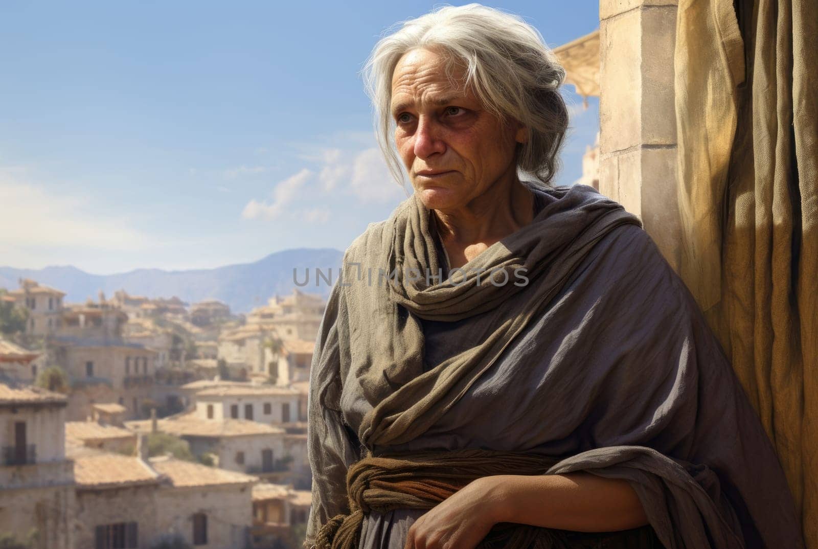 Weathered Greek old woman ancient city. Generate Ai by ylivdesign