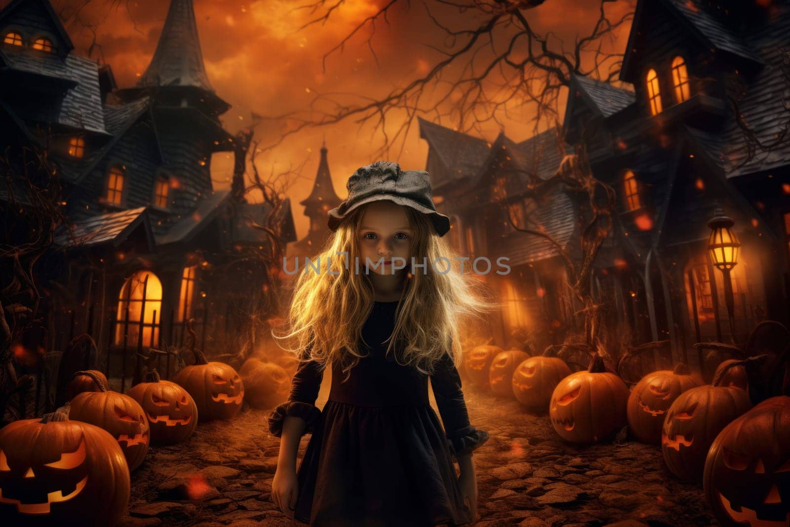 Girl halloween house. Generate Ai by ylivdesign