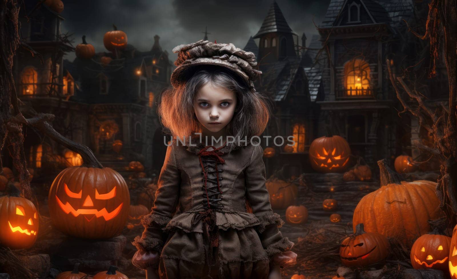 Spooky girl halloween house. Generate Ai by ylivdesign