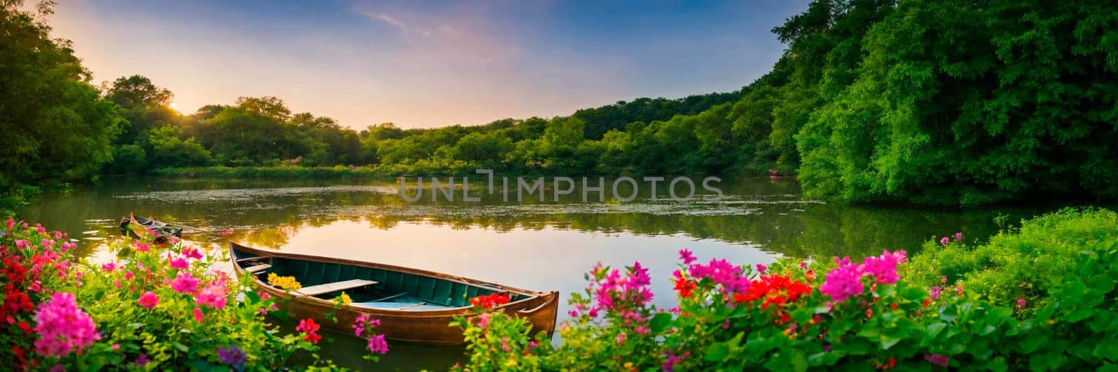 boat on the river with flowers. Selective focus. nature.