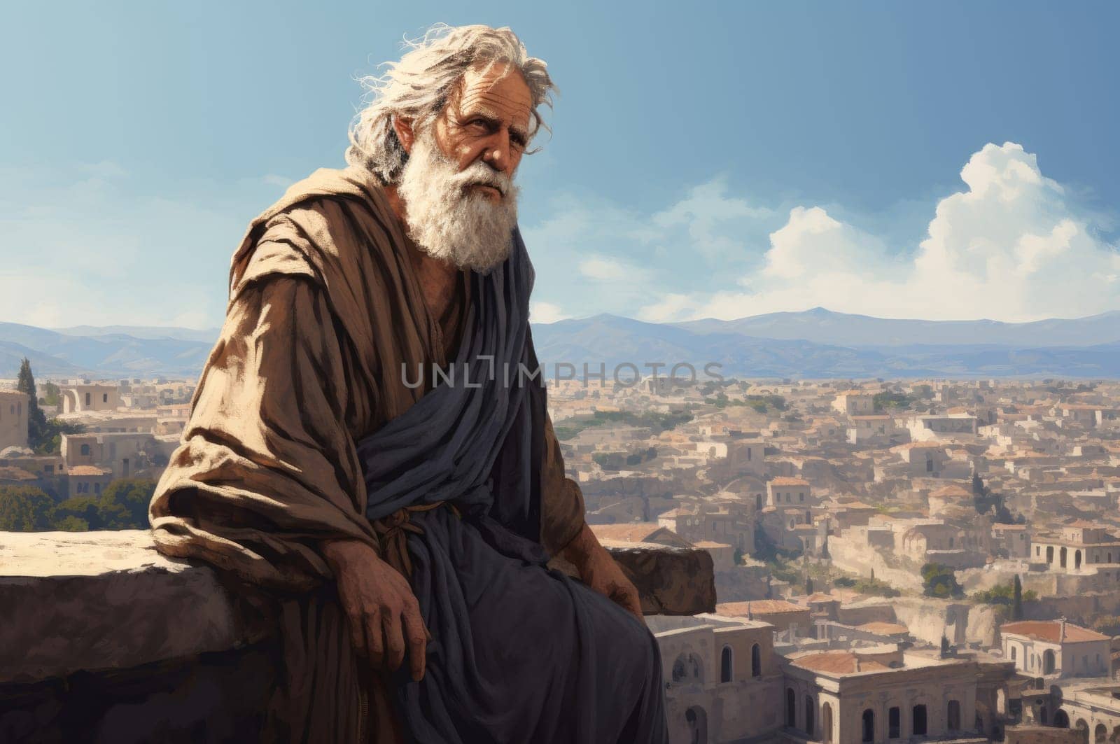 Historic Old man ancient greek city. Generate Ai by ylivdesign