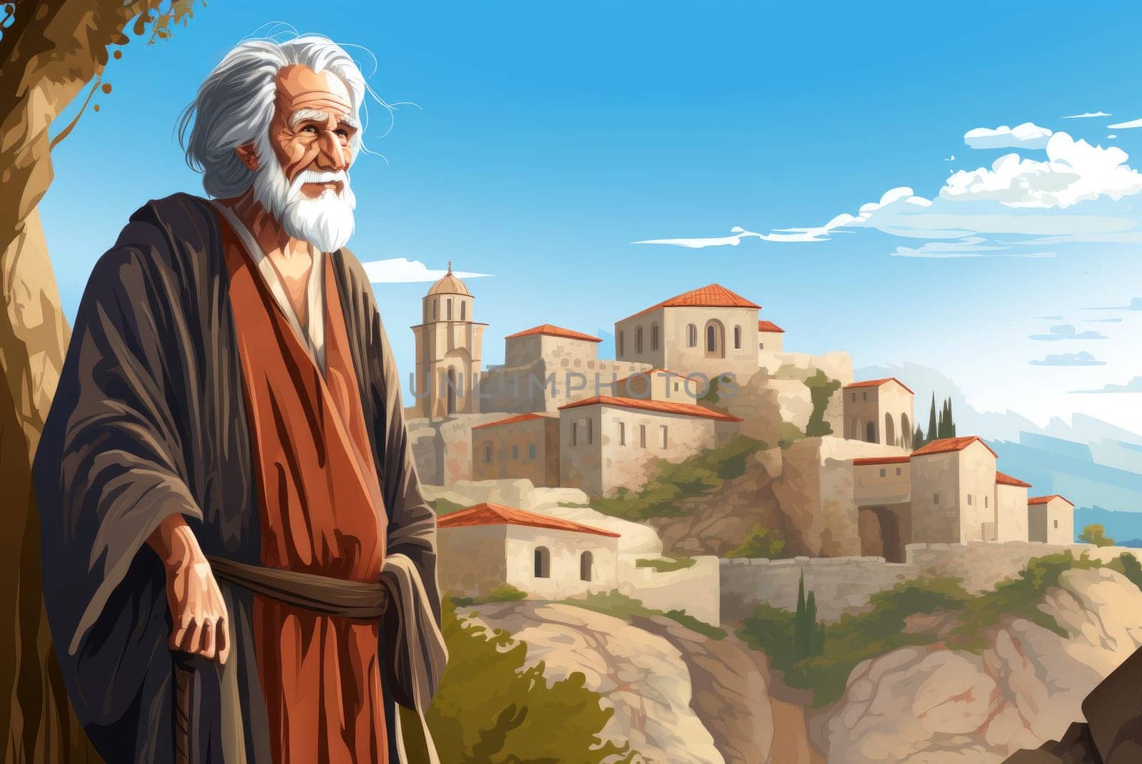 Mystical Old man ancient greek city. Generate Ai by ylivdesign