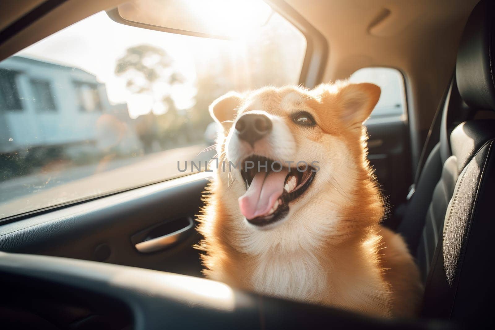 Happy dog window travel. Generate Ai by ylivdesign