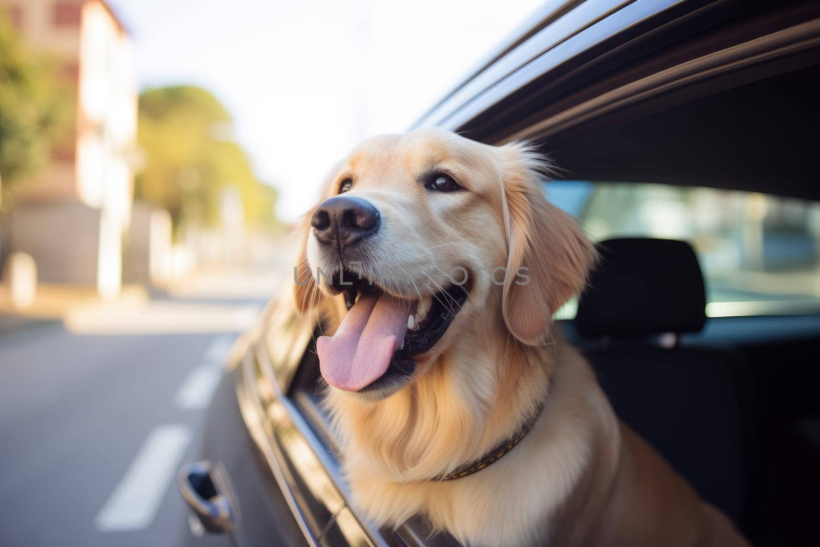 Cheerful Happy dog window travel. Cute animal trip. Generate Ai