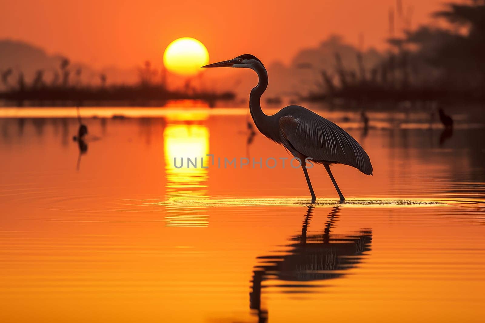 Tranquil Heron lake sunset. Generate Ai by ylivdesign