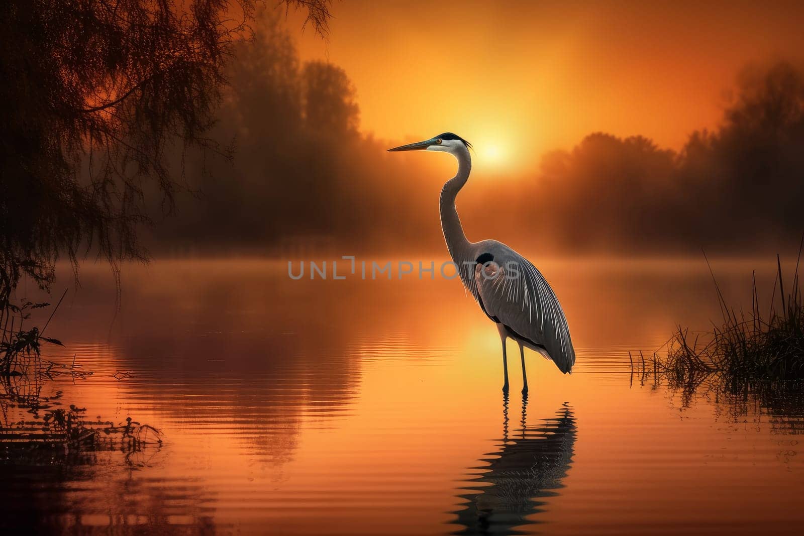 Golden Heron lake sunset. Generate Ai by ylivdesign