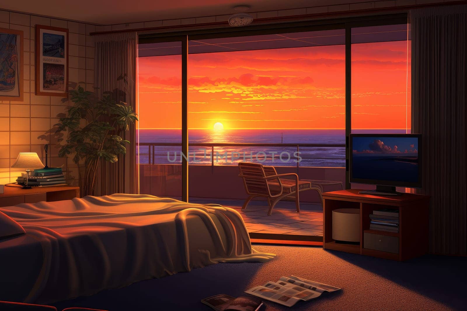 Serene Hotel room sunset. Generate Ai by ylivdesign