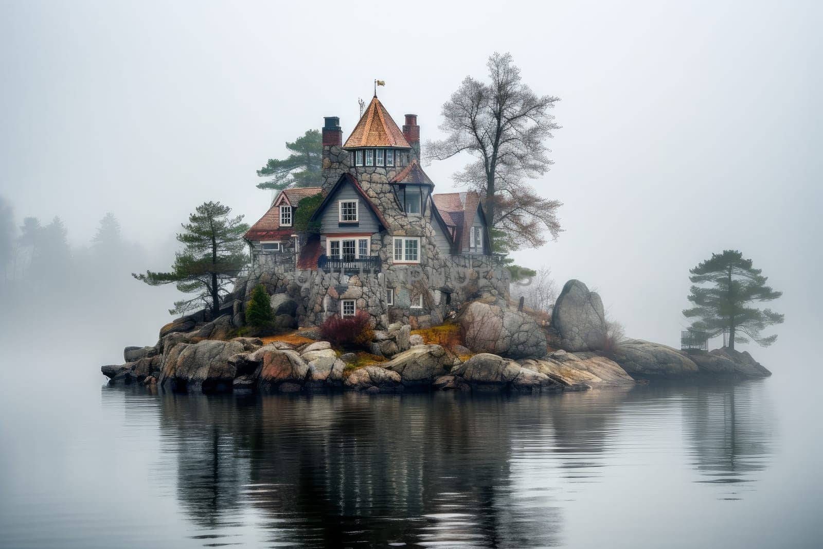 House island foggy lake. Generate Ai by ylivdesign