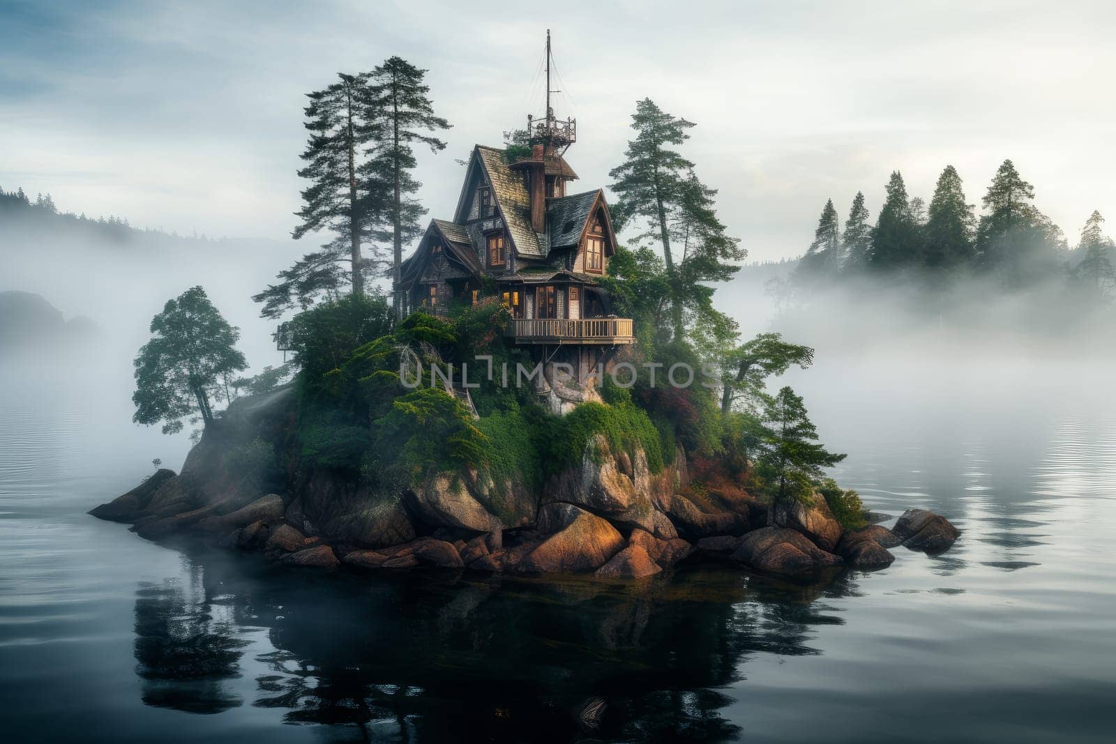 Secluded House island foggy lake. Generate Ai by ylivdesign