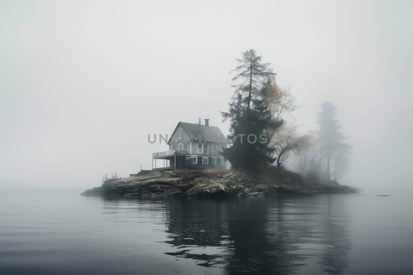 Tranquil House island foggy lake. Wood night. Generate Ai