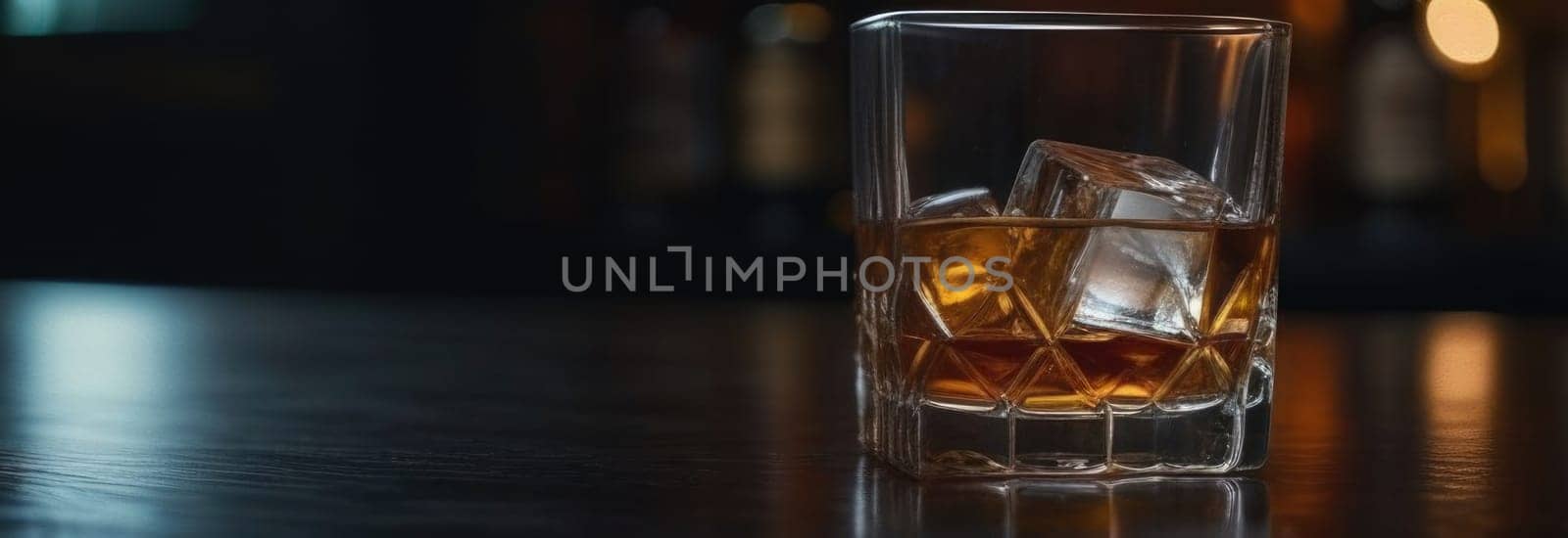 Glasses of whiskey with ice cubes in them on top of bar table next to a bottle, perfectly chilled and ready to enjoy. Night club background decoration mock up, bar drinking menu, advertising, banner