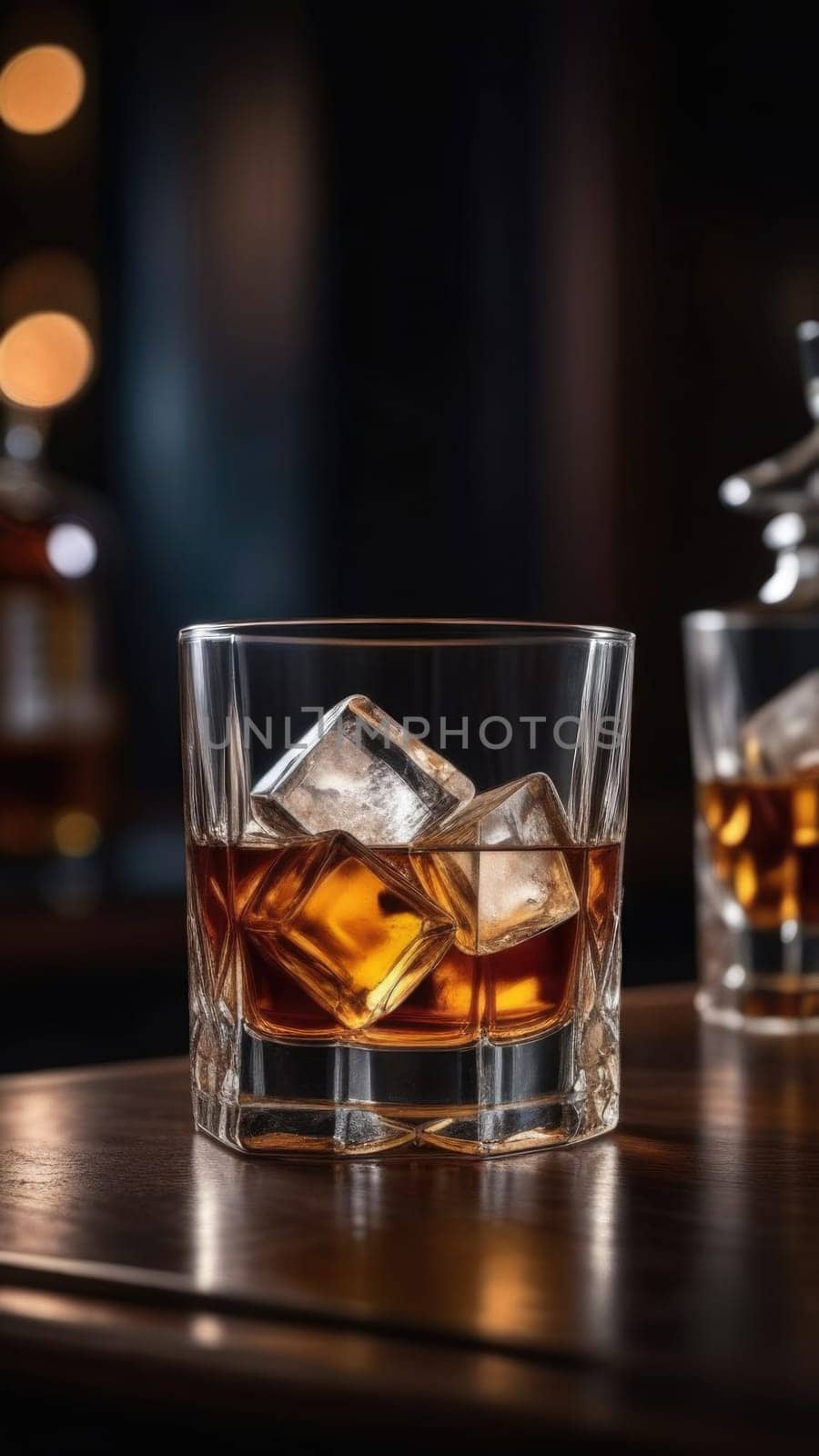 Glasses of whiskey with ice cubes in them on top of bar table next to a bottle, perfectly chilled and ready to enjoy. Night club background decoration mock up, bar drinking menu, advertising, banner