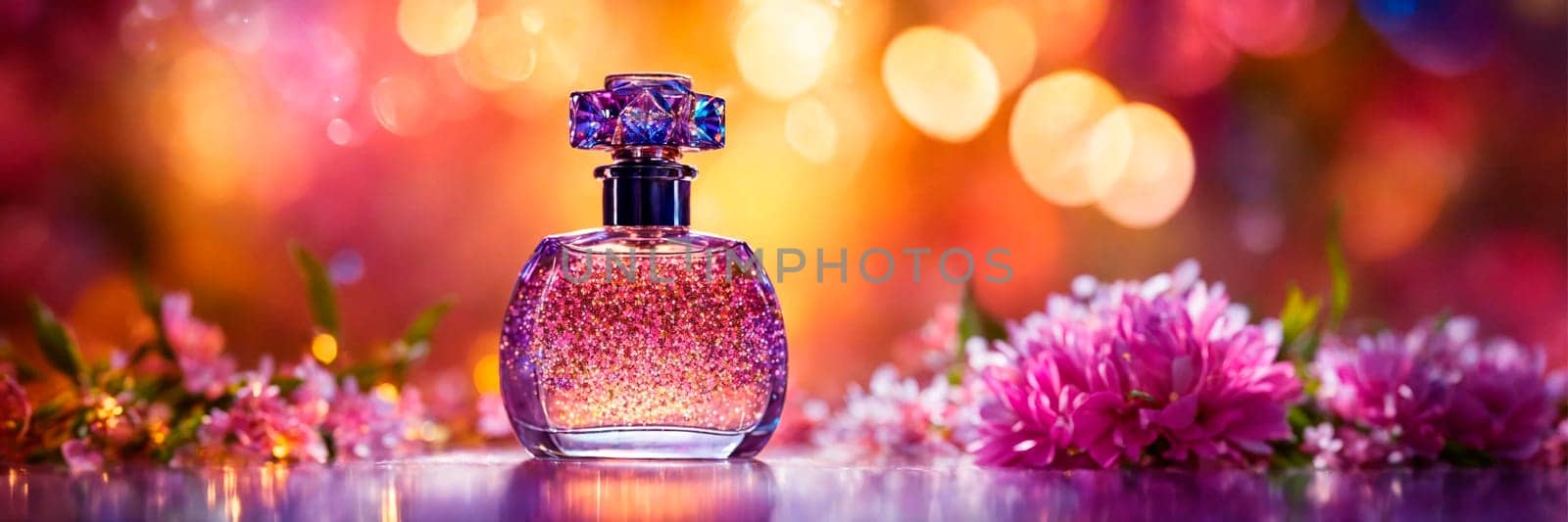 bottle of perfume with flowers on the table. Selective focus. by yanadjana
