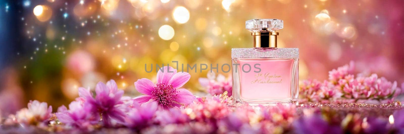 bottle of perfume with flowers on the table. Selective focus. by yanadjana