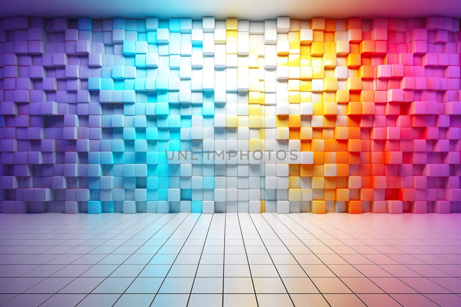 A wall with huge pixels and cubes of different colors. Abstract background.