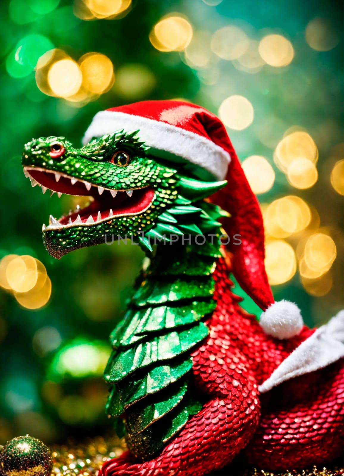 dragon in santa's hat year of the dragon. Selective focus. holiday.