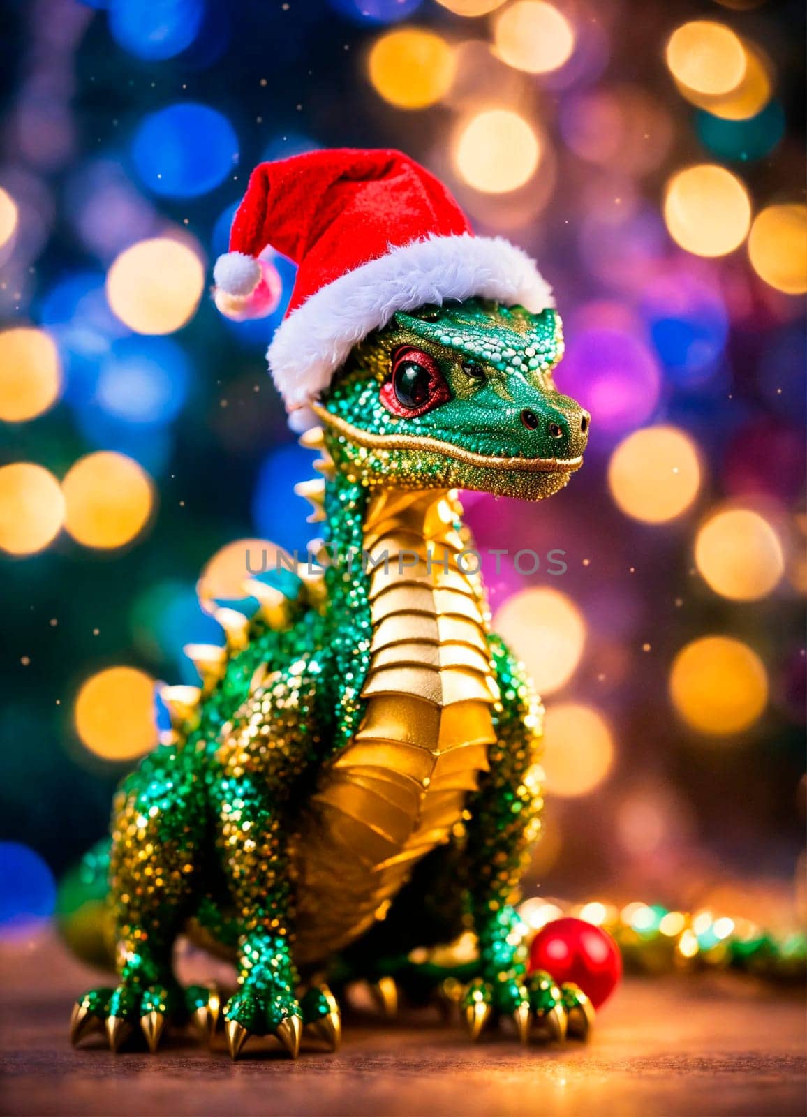 dragon in santa's hat year of the dragon. Selective focus. holiday.