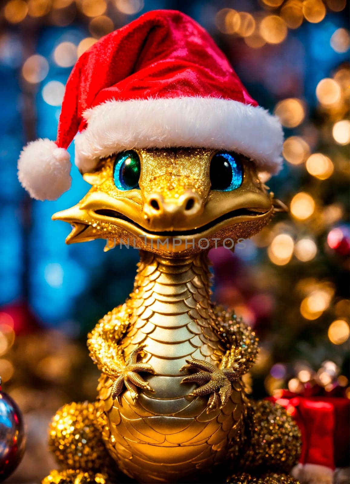 dragon in santa's hat year of the dragon. Selective focus. holiday.