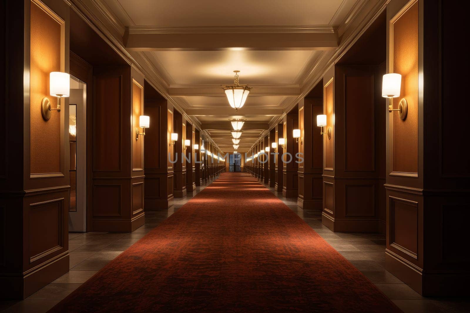 Interior long hotel corridor. Wall door floor. Generate Ai