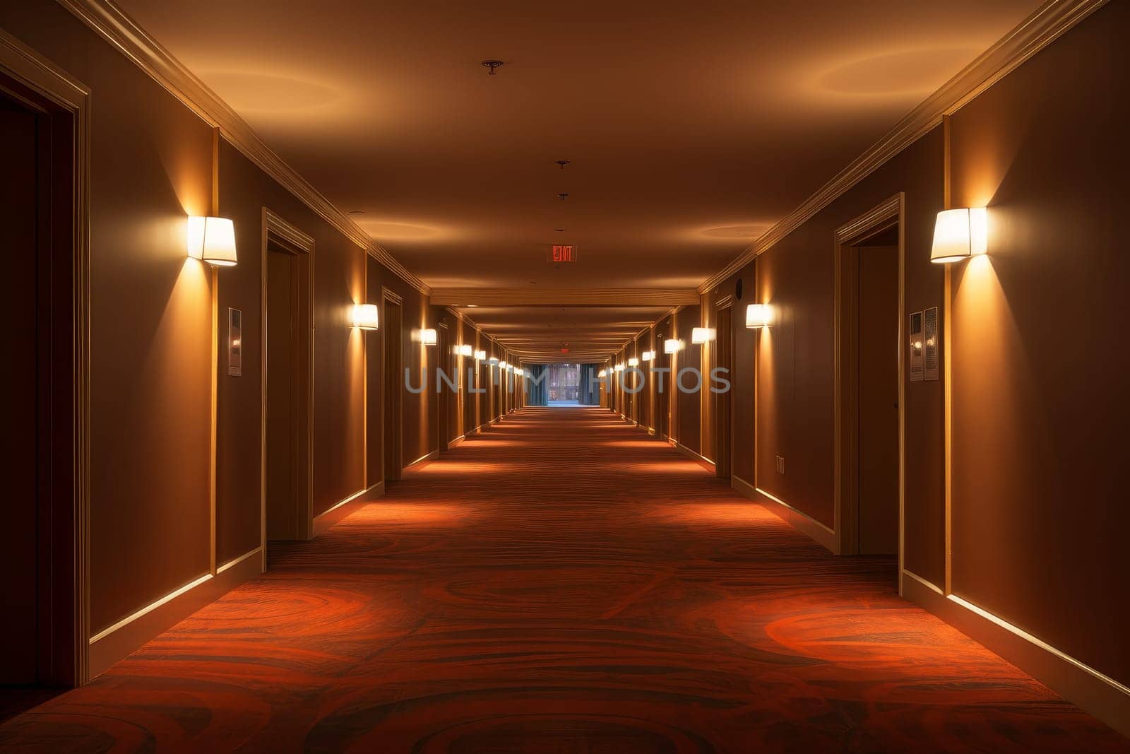 Spacious Interior long hotel corridor. Generate Ai by ylivdesign