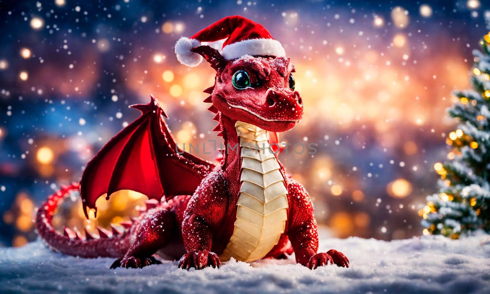 dragon in santa's hat year of the dragon. Selective focus. holiday.