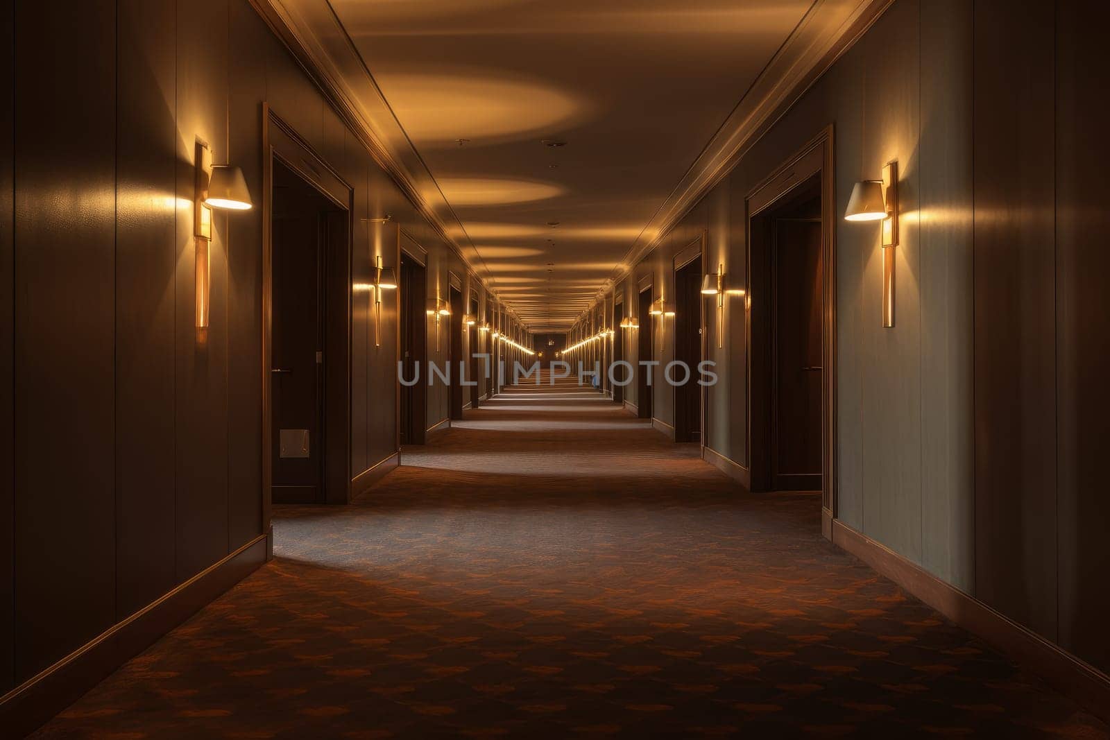 Dimly-lit Interior long hotel corridor. Wall door floor. Generate Ai