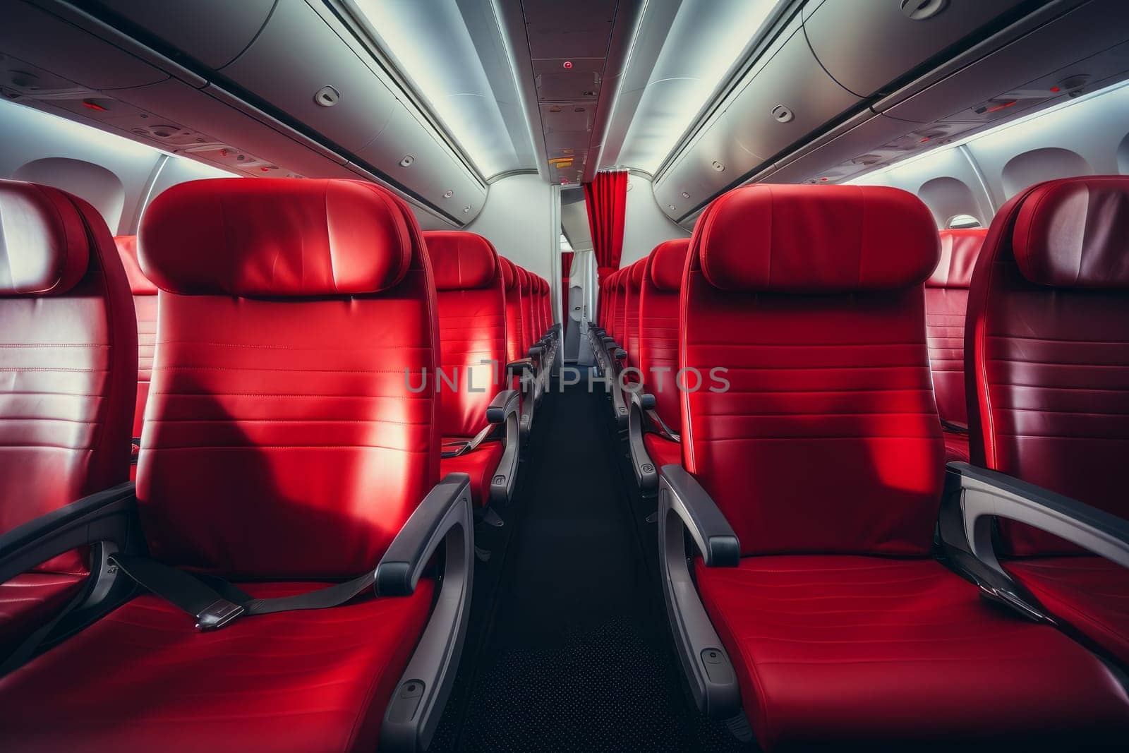 Empty aircraft red interior. Inside cabin. Generate Ai