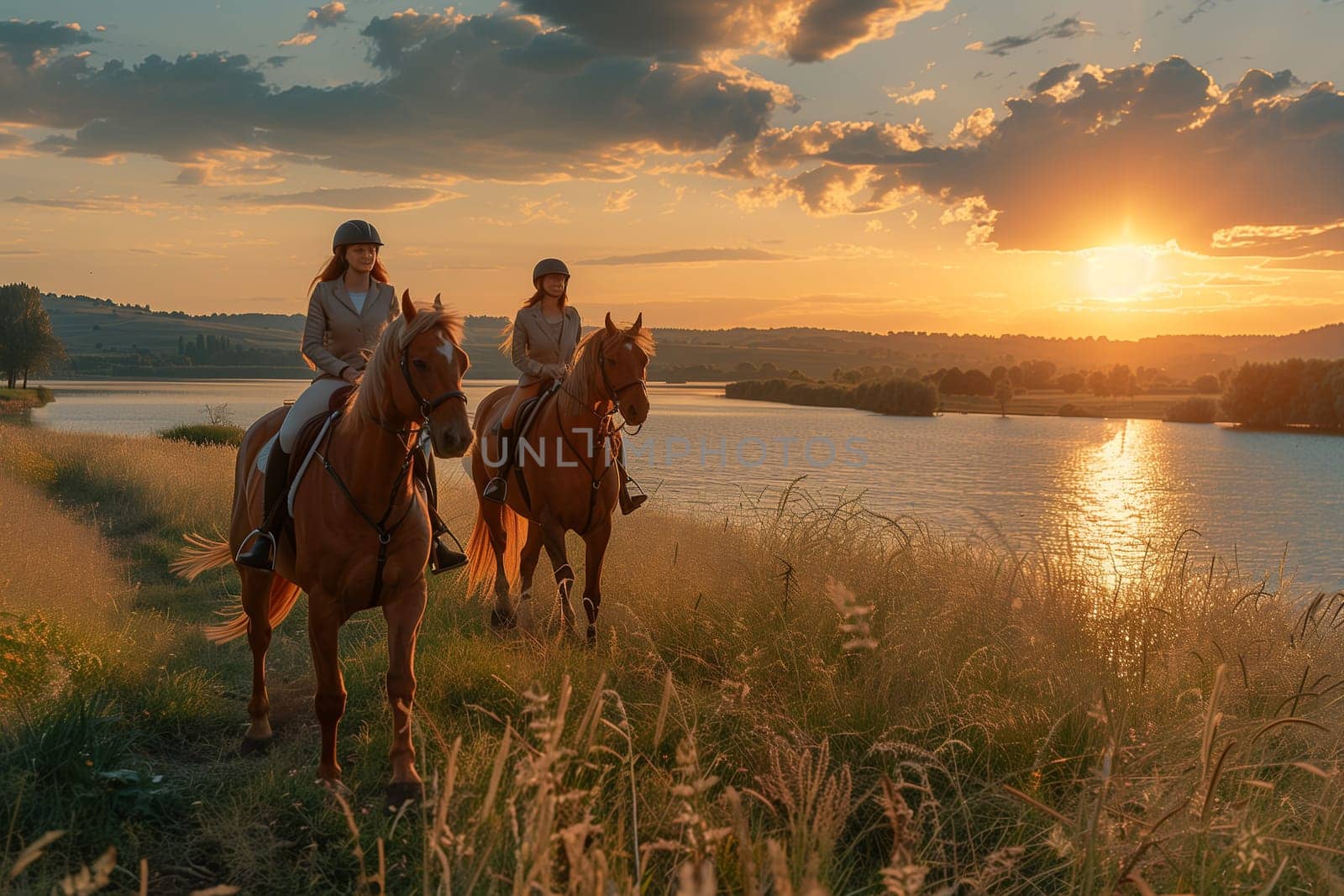 A couple of individuals are seen riding on the backs of horses together, enjoying a shared equestrian experience.