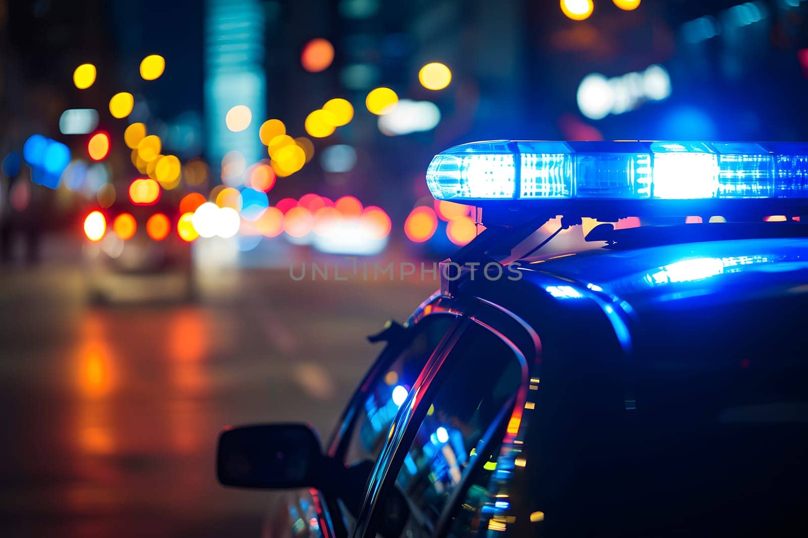 police car lights at night in city street with selective focus and bokeh by z1b