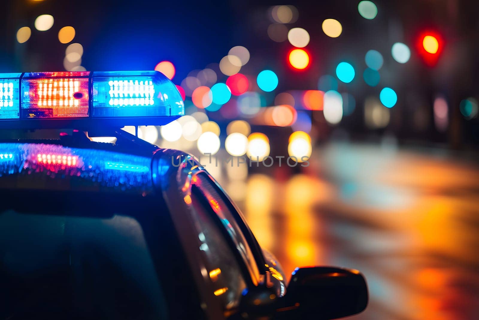 police car lights at night in city street with selective focus and bokeh. Neural network generated image. Not based on any actual person or scene.