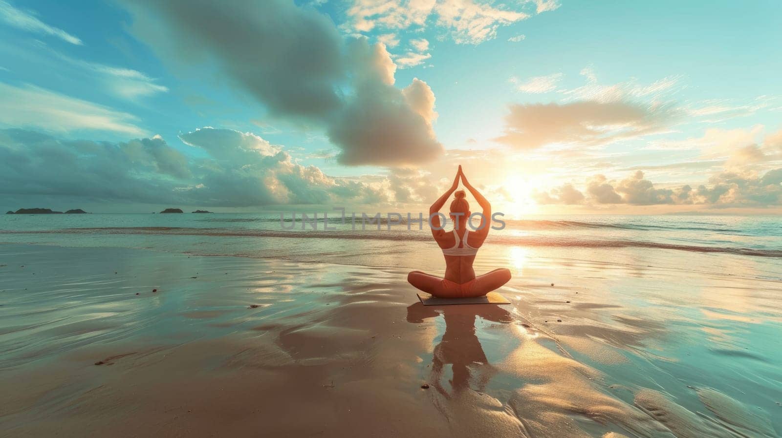 A tranquil yoga session on a beach at sunrise, calm sea in the background. Resplendent.