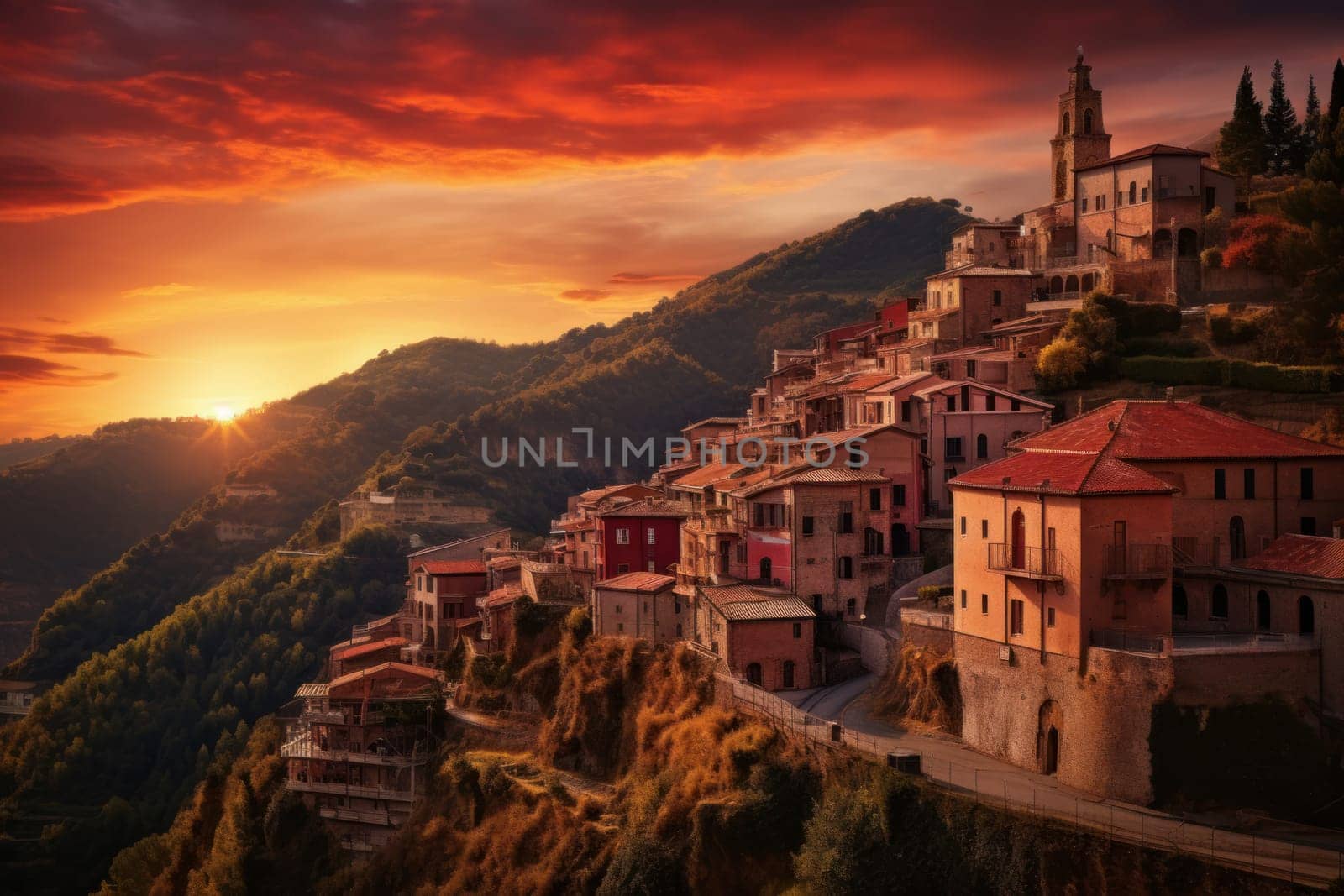 Italian city sunset hills. Generate Ai by ylivdesign