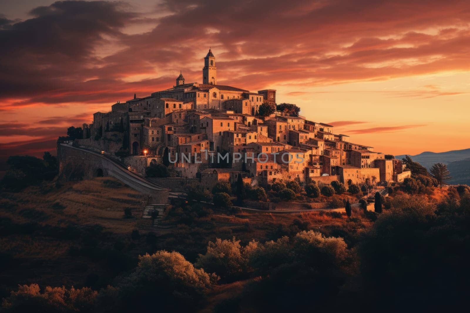 Breathtaking Italian city sunset hills. Historic italian village. Generate Ai