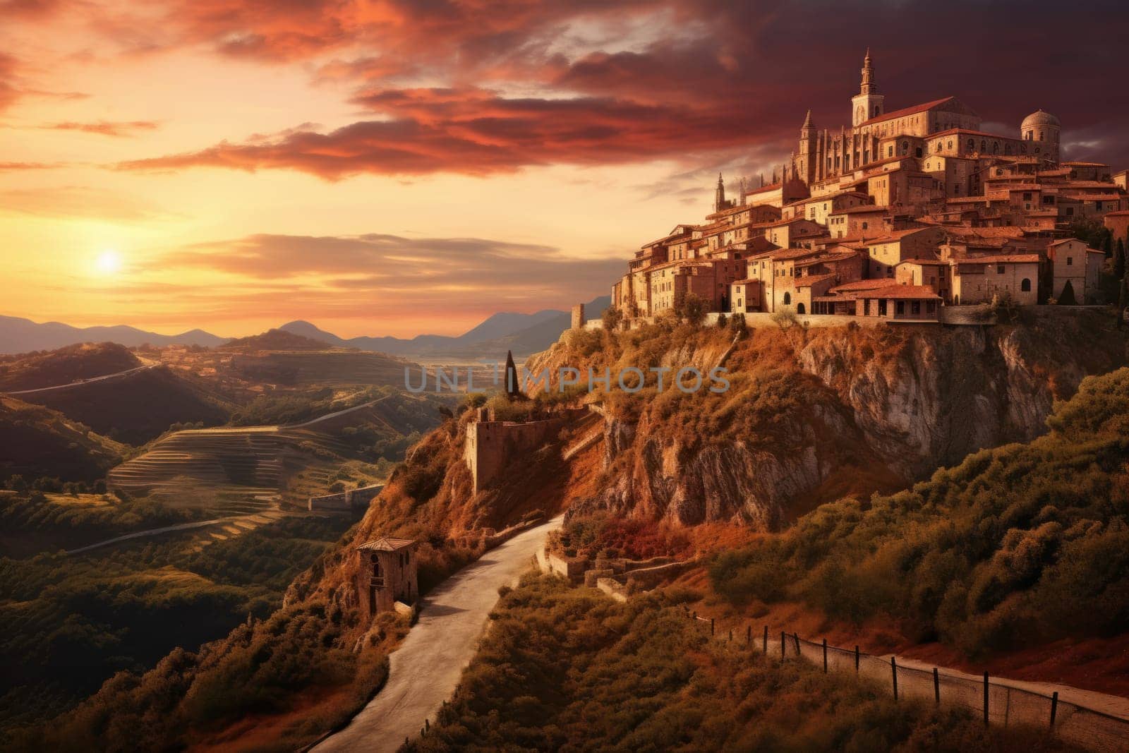 Charming Italian city sunset hills. Generate Ai by ylivdesign