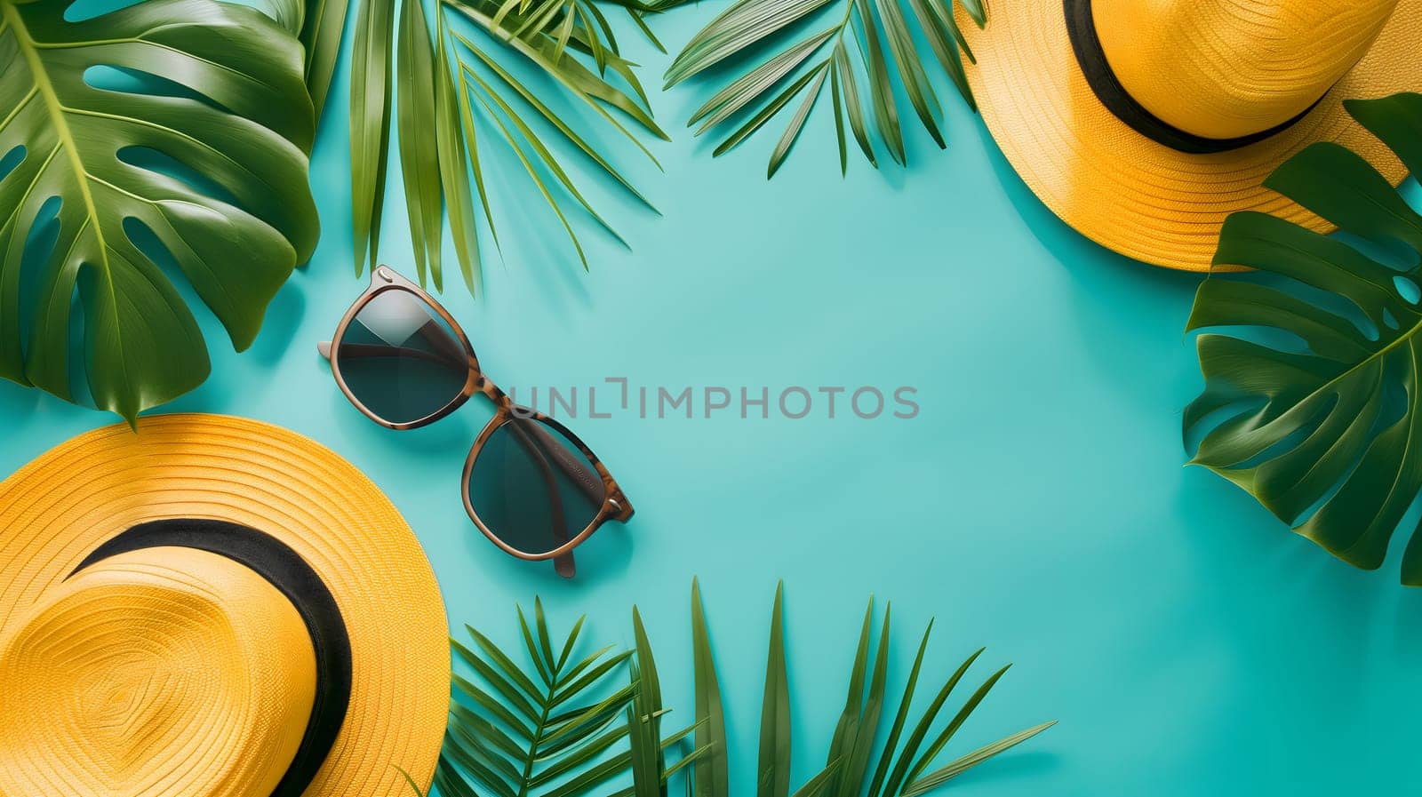 Hats, sunglasses, palm tree leaves on blue background. Blank, top view, still life, flat lay. Sea vacation travel concept tourism and resorts. Summer holidays. Neural network generated image. Not based on any actual scene or pattern.