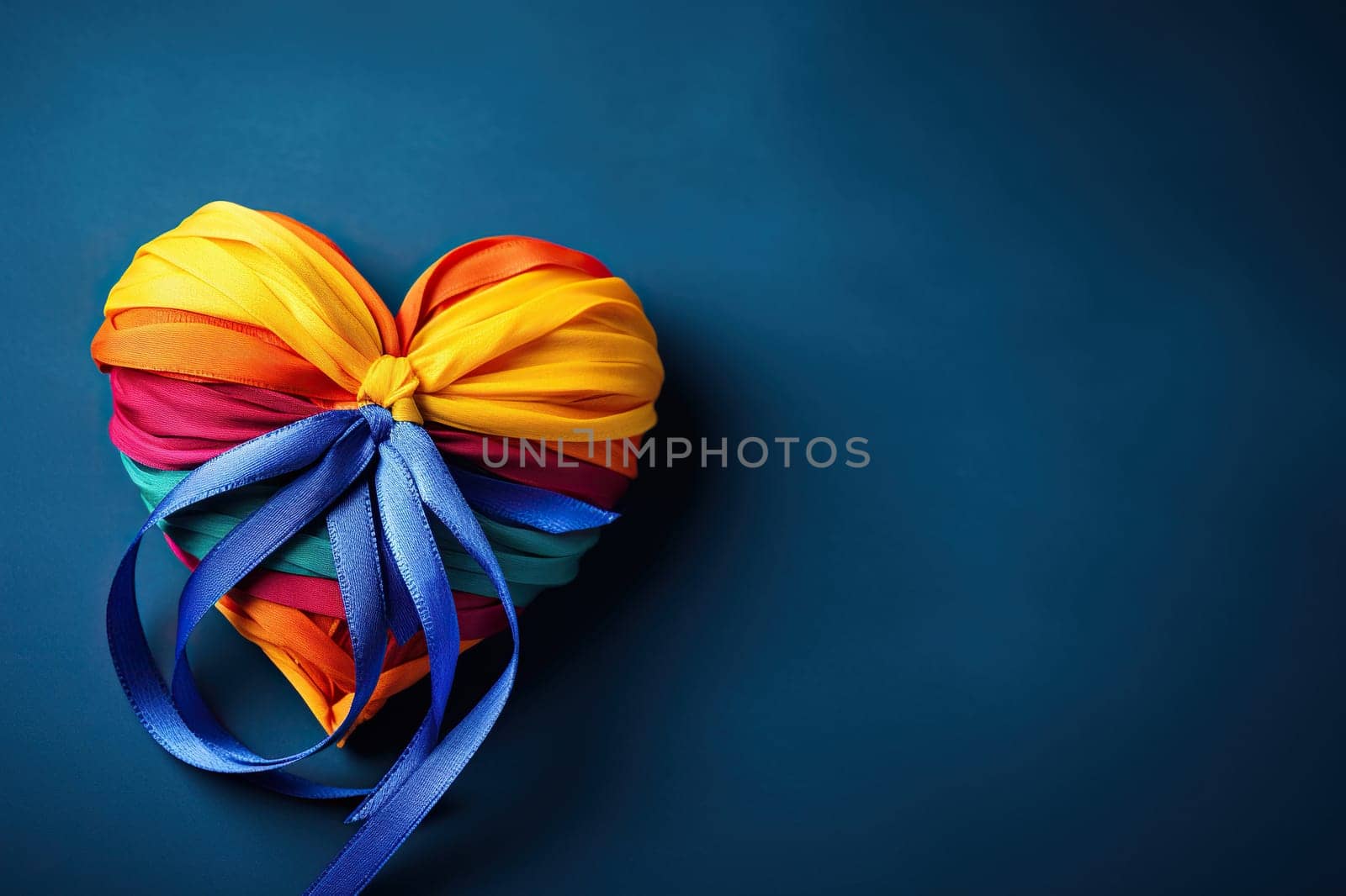 Multi-colored ribbons collected in the shape of a heart on a blue background.