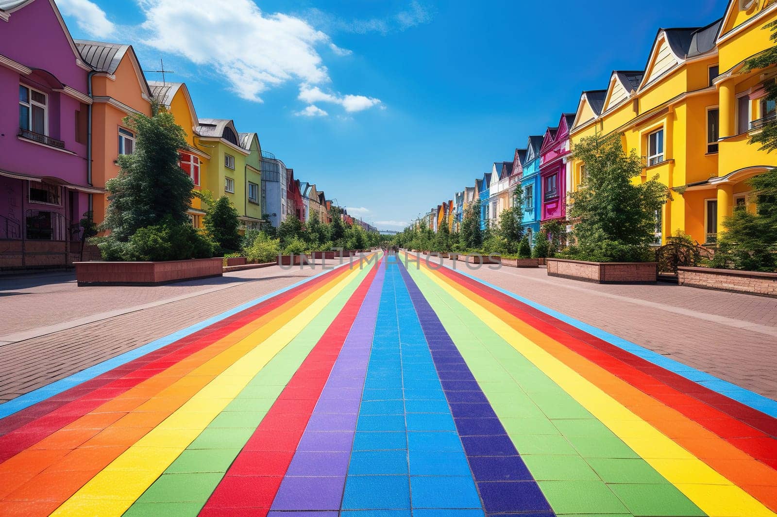 An asphalt road painted with rainbow stripes. LGBT pride symbol.