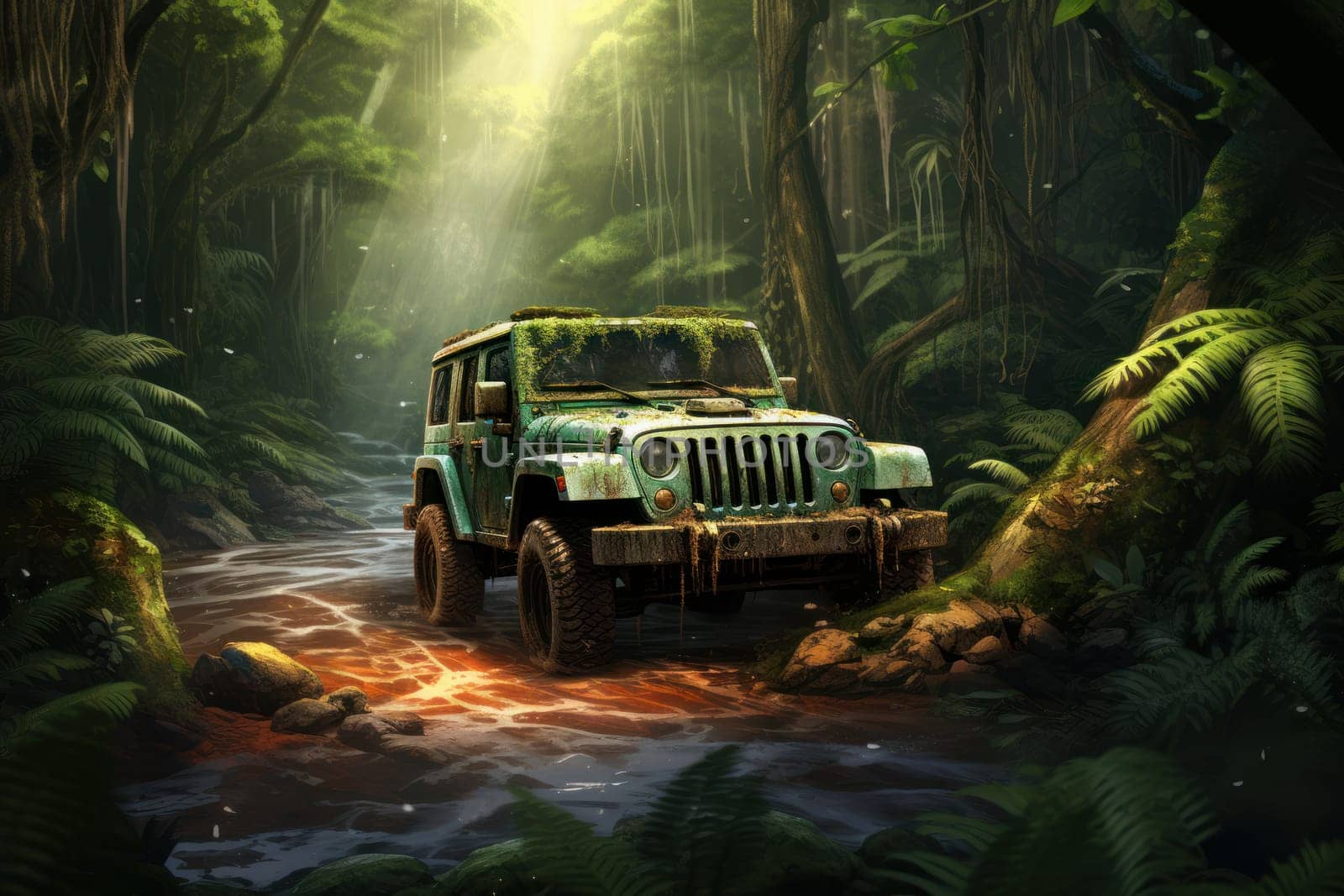 Tropical Jeep jungle sunset. Vehicle road adventure. Generate Ai