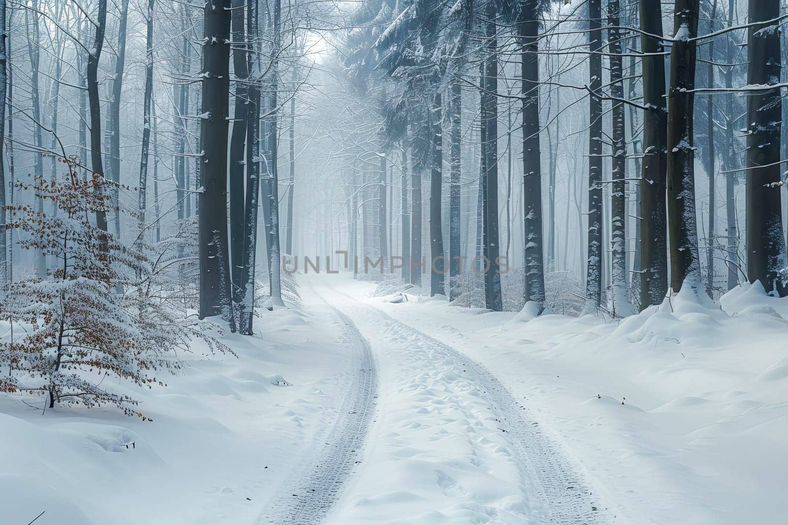 A wintery landscape with a forest path, snow-covered trees and a serene atmosphere. AI generated.